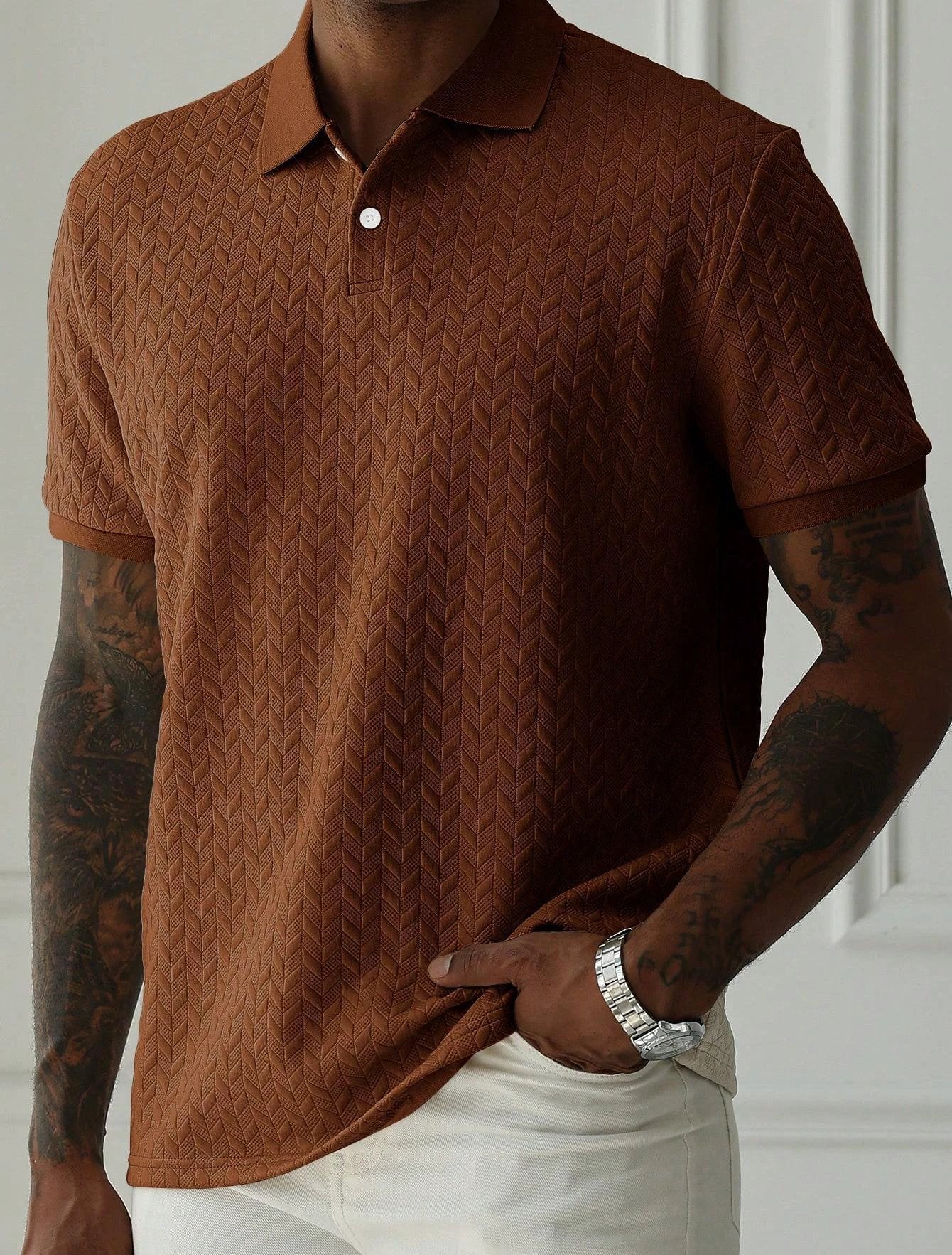 Men's Solid Color Polo Collar Short-sleeved Shirt by GJG Denim