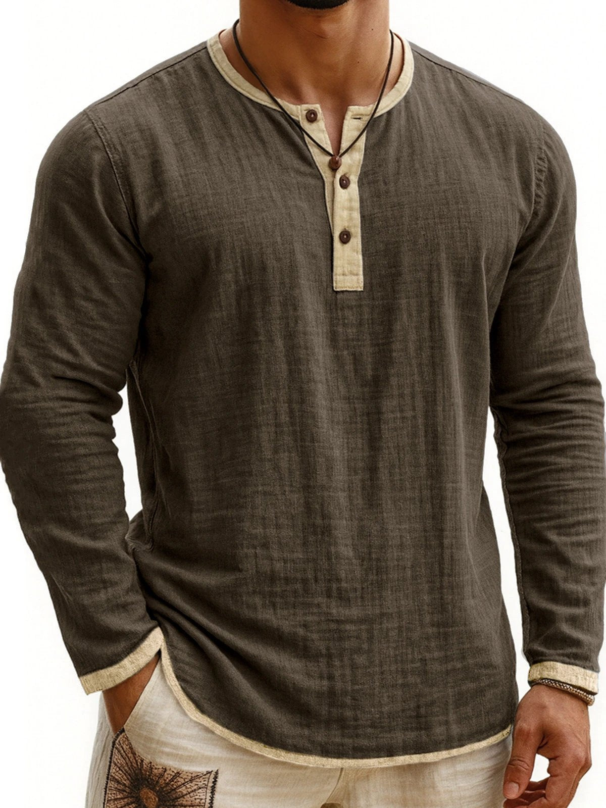 Men's Two-tone Henley Shirt 3-button Casual Long Sleeve Shirt by GJG Denim