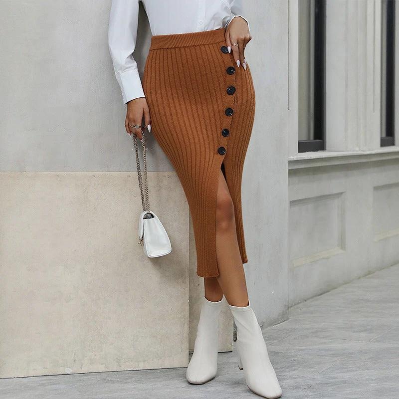 Casual Elegant Button Knitted Slit Commuter Skirt by GJG Denim