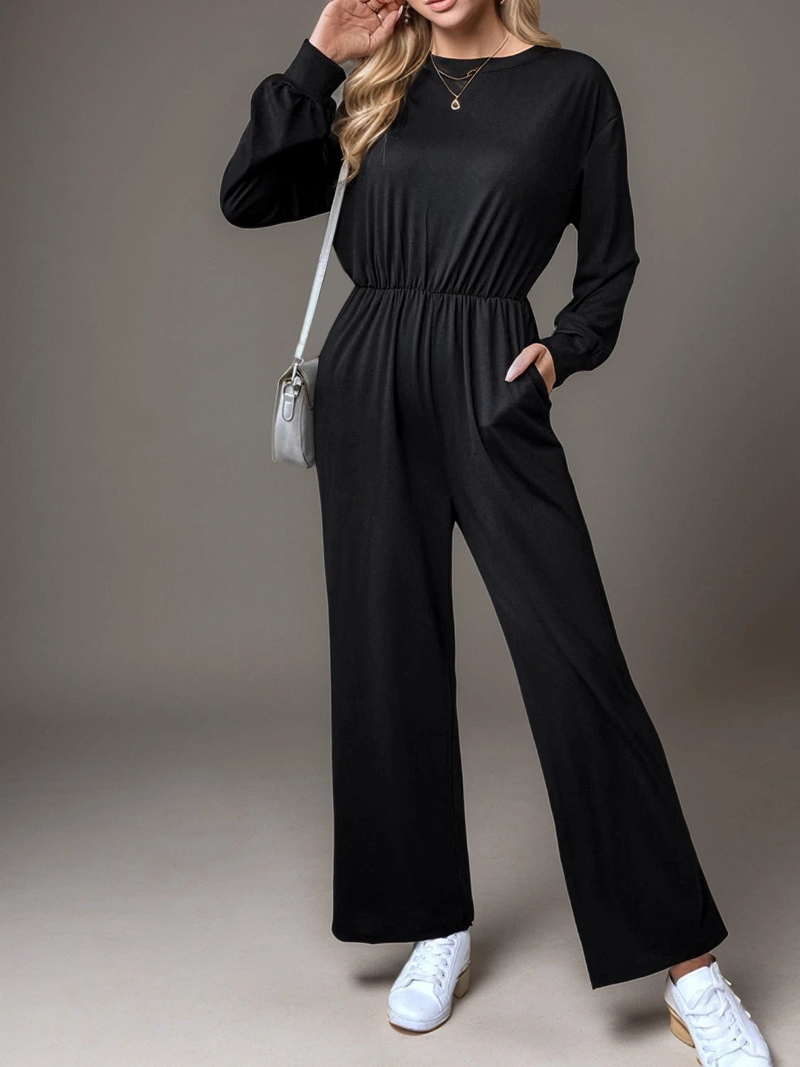 Tied Round Neck Wide Leg Jumpsuit by Lady Ros