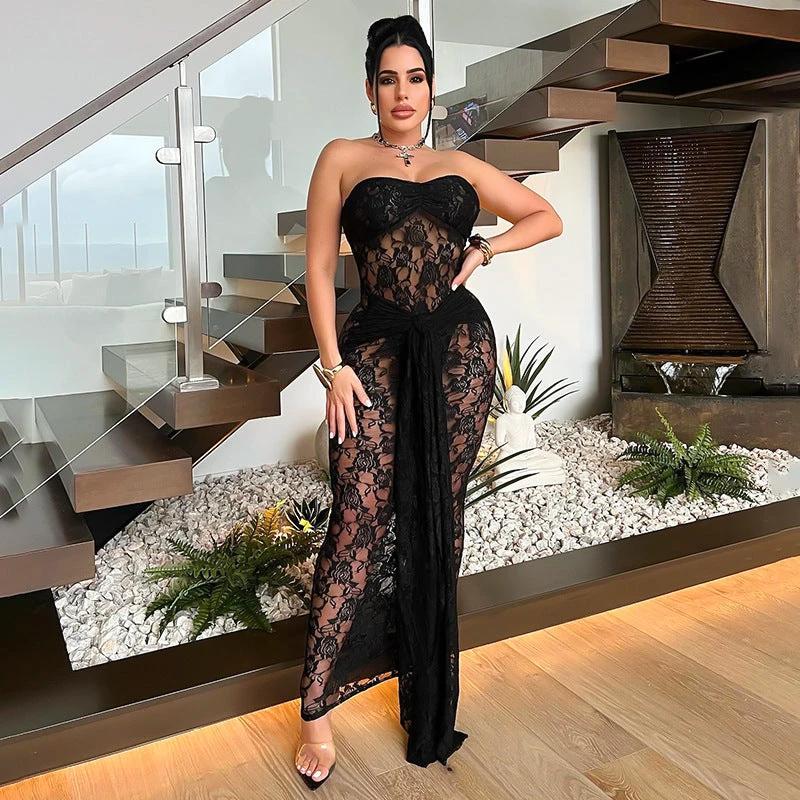Adult Lady Like Woman Style Lace Chest Wrap Backless Midi Dress by GJG Denim