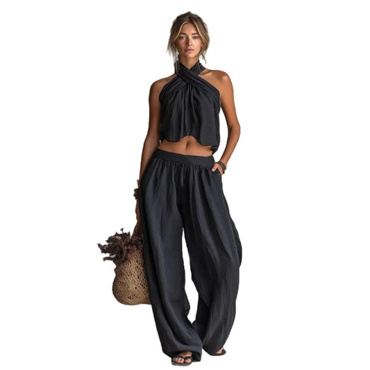 Womens Loose-Fit Sleeveless Top And Wide-Leg Pants Two-Piece Set by GJG Denim