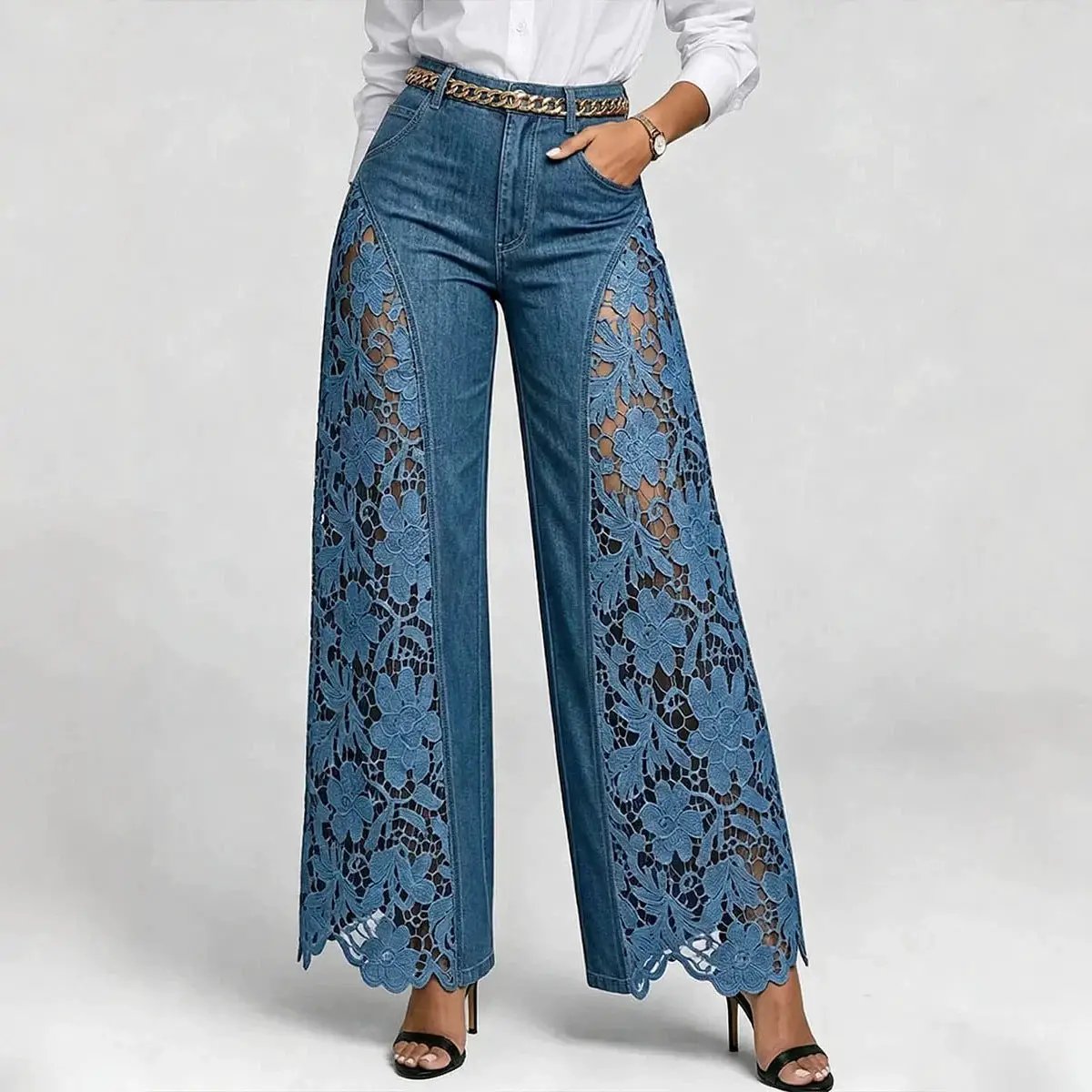 High-waisted Wide-leg Pants Womens Lace-panelled Jeans by GJG Denim