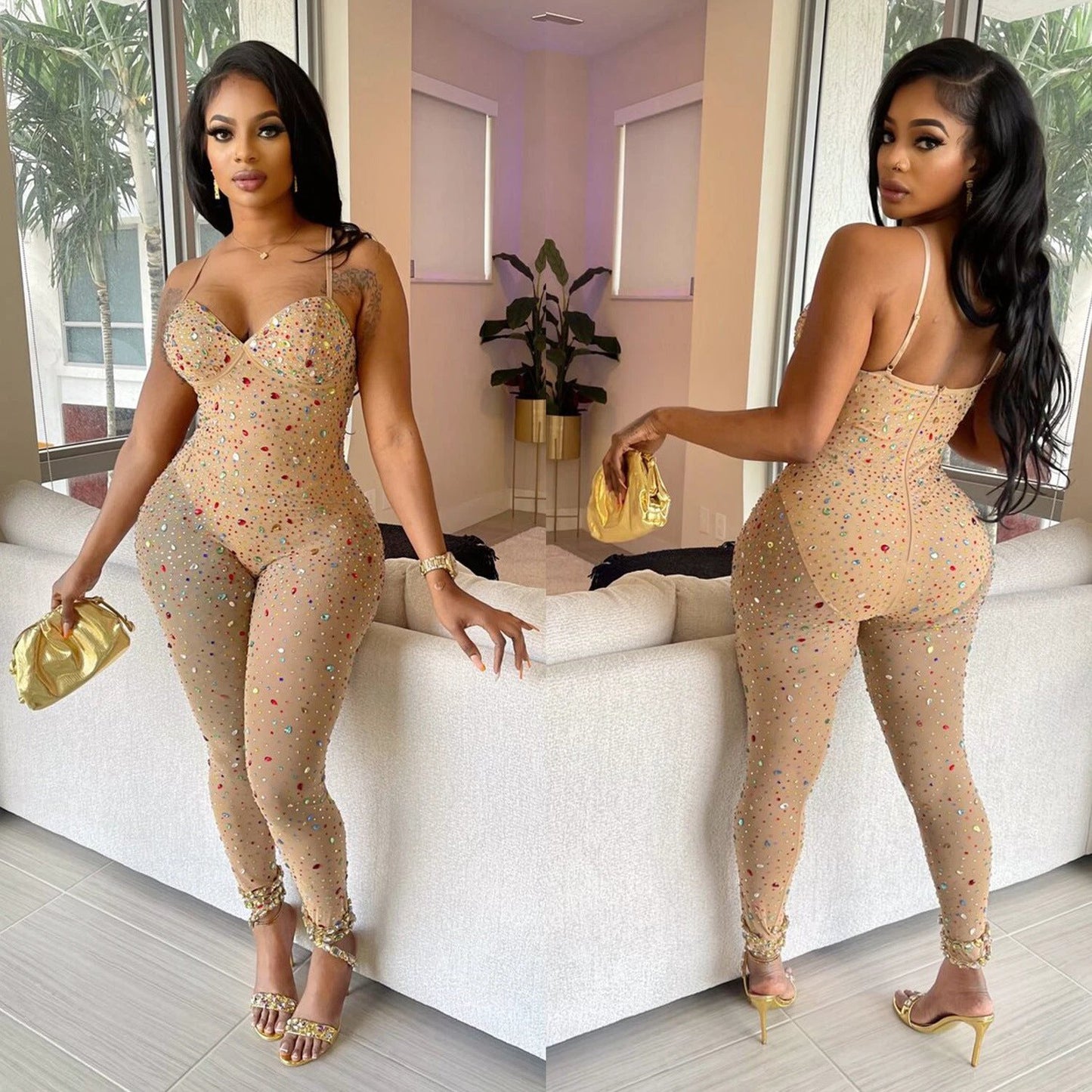 Women's Pure Color Mesh Rhinestone Pants Jumpsuit by GJG Denim