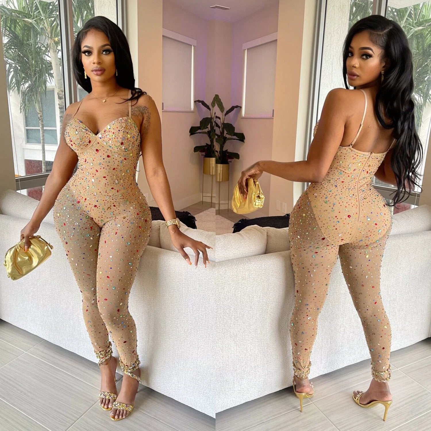 Women's Pure Color Mesh Rhinestone Pants Jumpsuit by GJG Denim