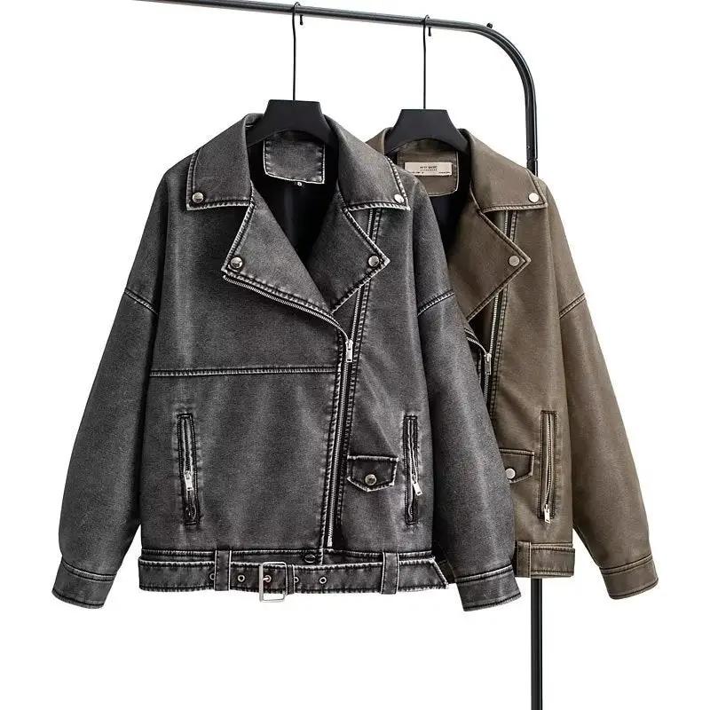 Turn-down Collar Loose Leather Jacket Womens Top by GJG Denim