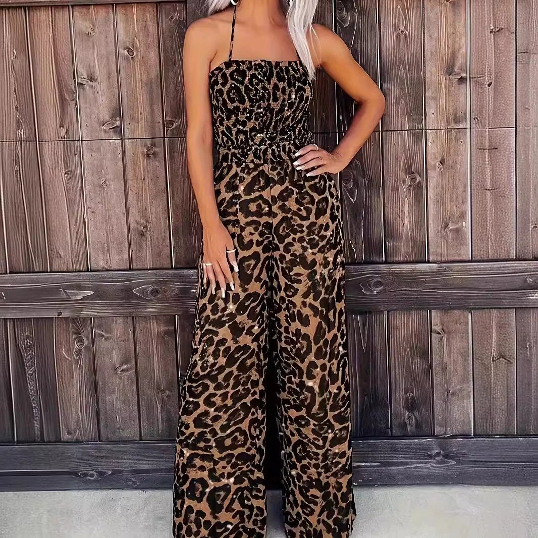 Women's Leopard Print Halter Backless Jumpsuit by GJG Denim