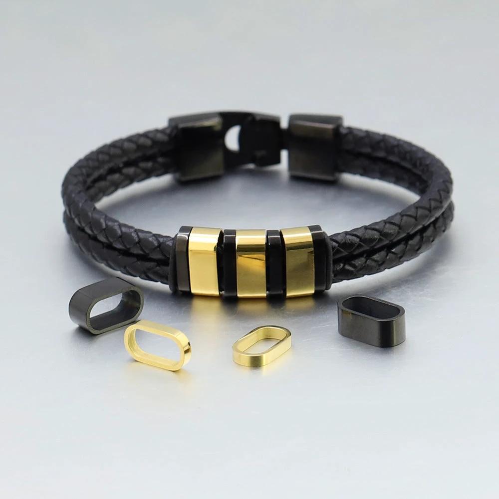 Black Leather Braided Stainless Steel Bead Bracelet For Men by GJG Denim