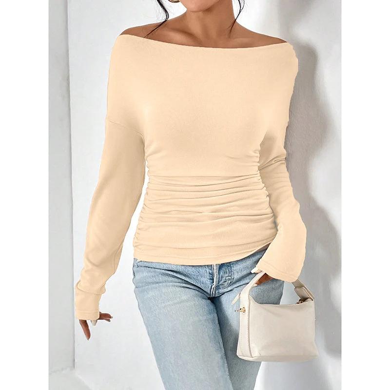 Women's Off The Shoulder Tops Long Sleeve T Shirts Going Out Tops Casual Trendy Ruched Slim Fitted Tees by GJG Denim