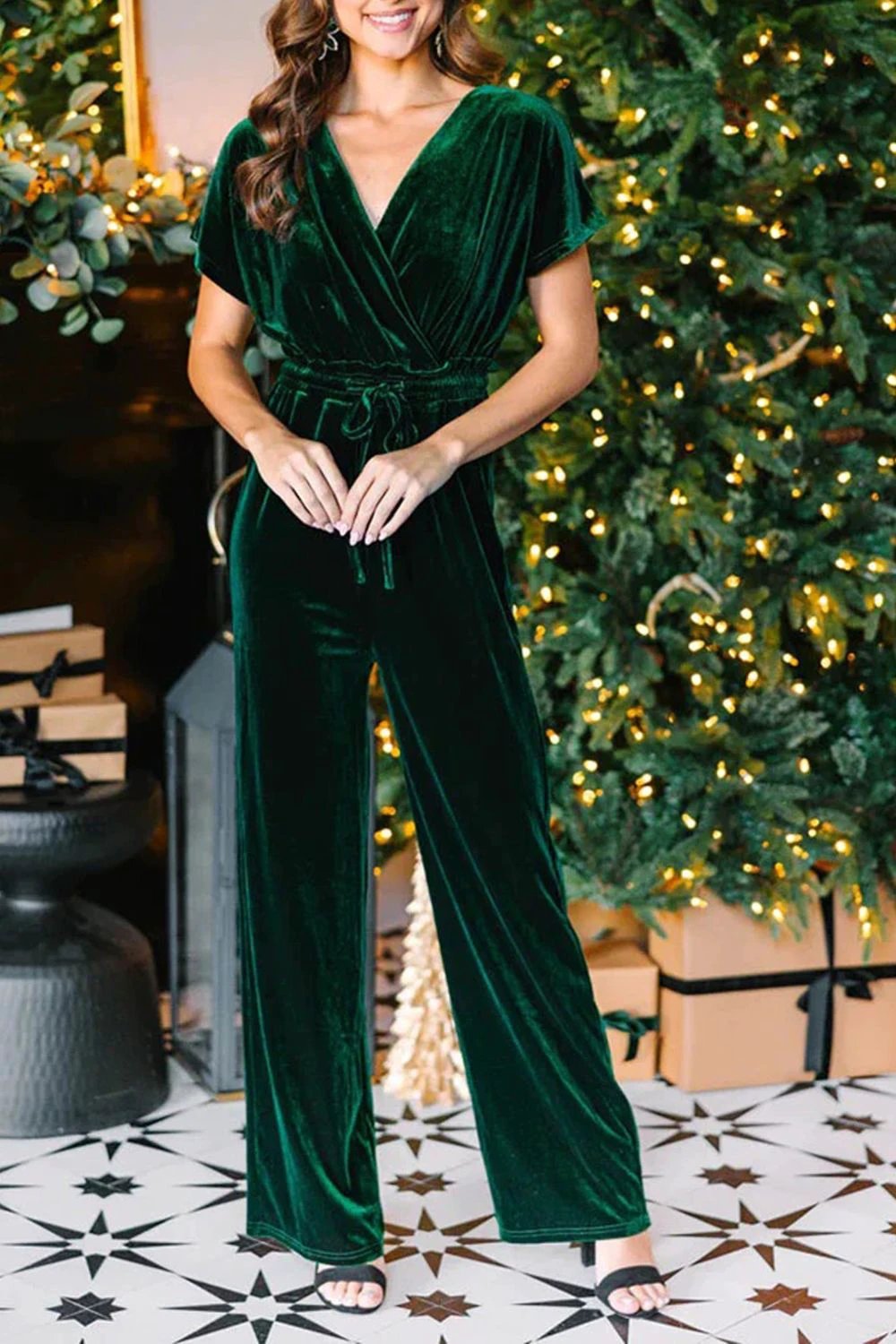 Drawstring Surplice Short Sleeve Jumpsuit by Lady Ros