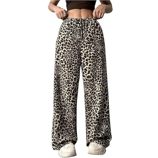 Women's Casual Leopard Print High Waisted Wide-Leg Pants Elegant Drawstring Loose Long Trousers by GJG Denim