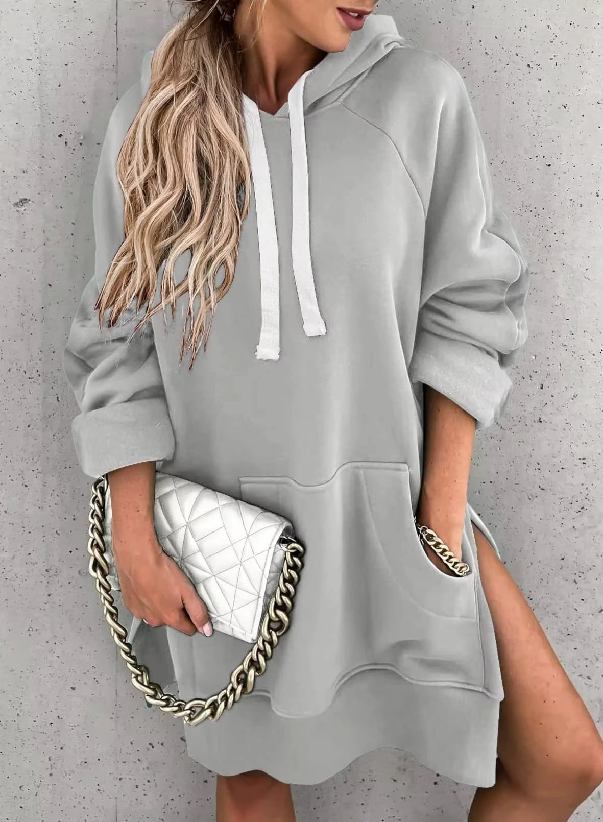 Women's Solid Color Hooded Mid-length Sweater by GJG Denim