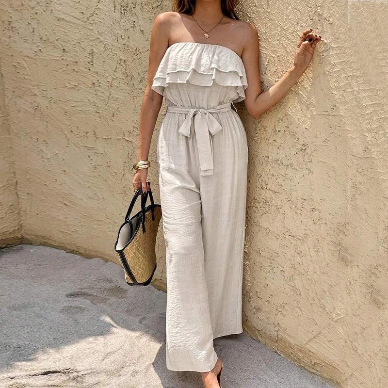 Women's Summer Sleeveless Tube Top Jumpsuit Ruffled Tied Jumpsuit by GJG Denim