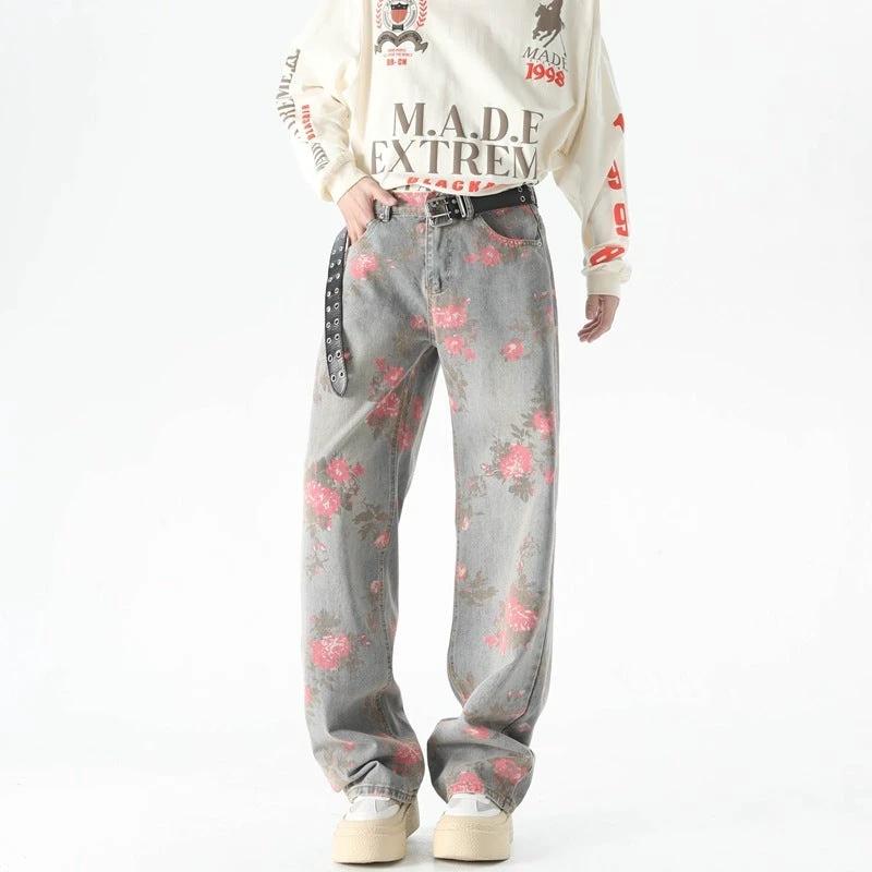 Men's Peony Jacquard Washed Loose Jeans by GJG Denim