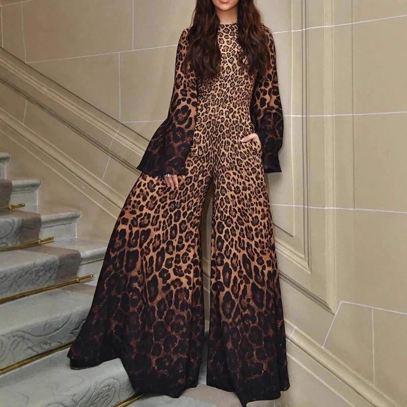 Womens Leopard-Print Crew-Neck Long-Sleeve Flare-Sleeve Jumpsuit by GJG Denim
