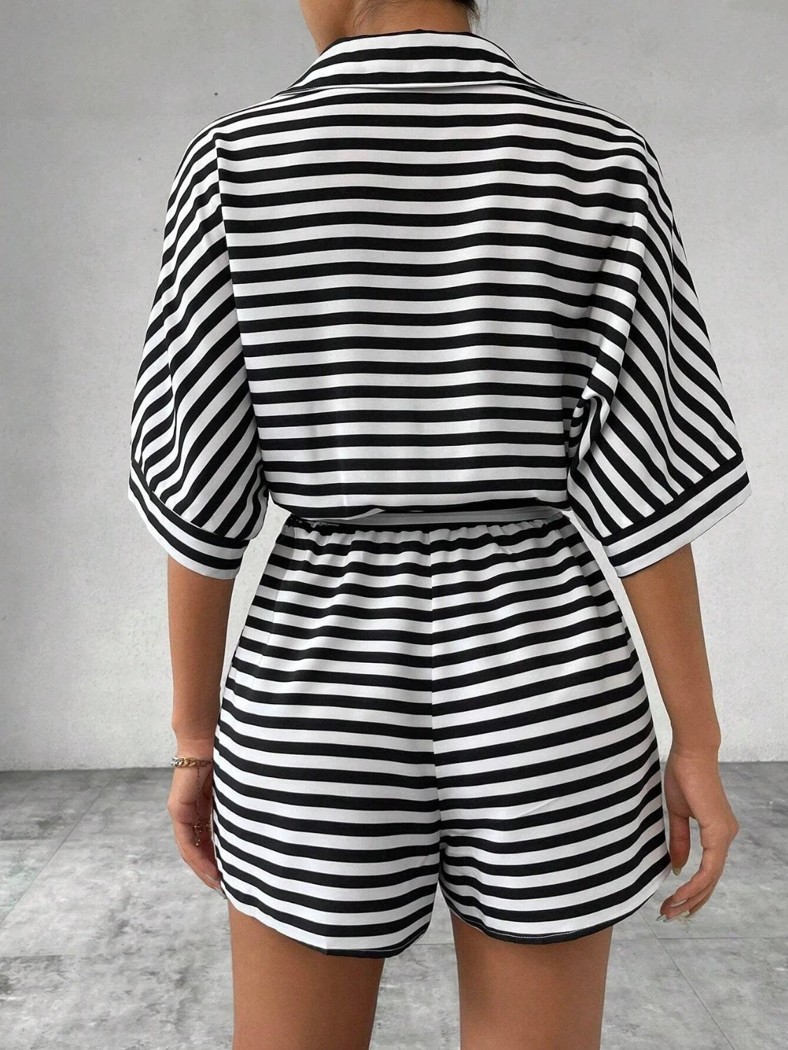 Tie Waist Half Button Striped Romper by VYSN