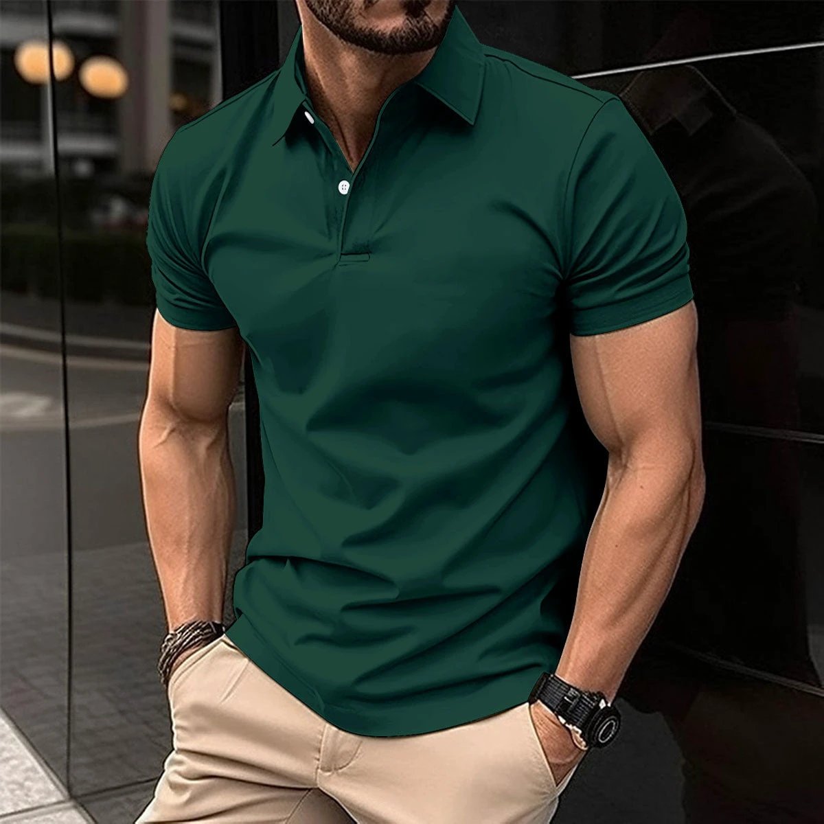 Short Sleeve Polo Shirt Men Solid Color Button Lapel Button Top by GJG Denim