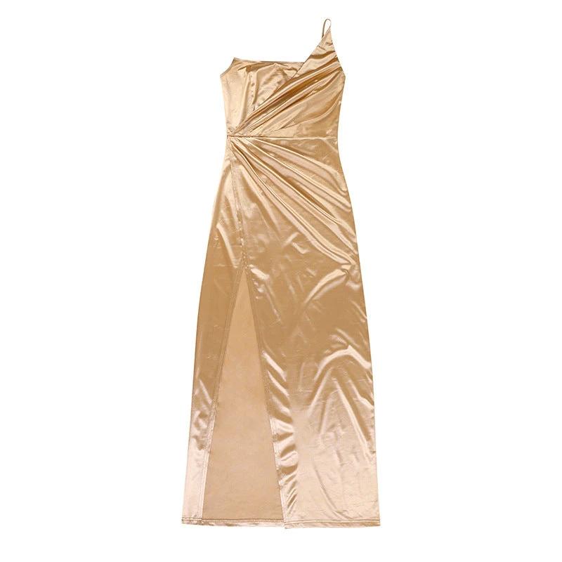 Woven Single Shoulder Fishbone Waistband Slit Dress For Women by GJG Denim