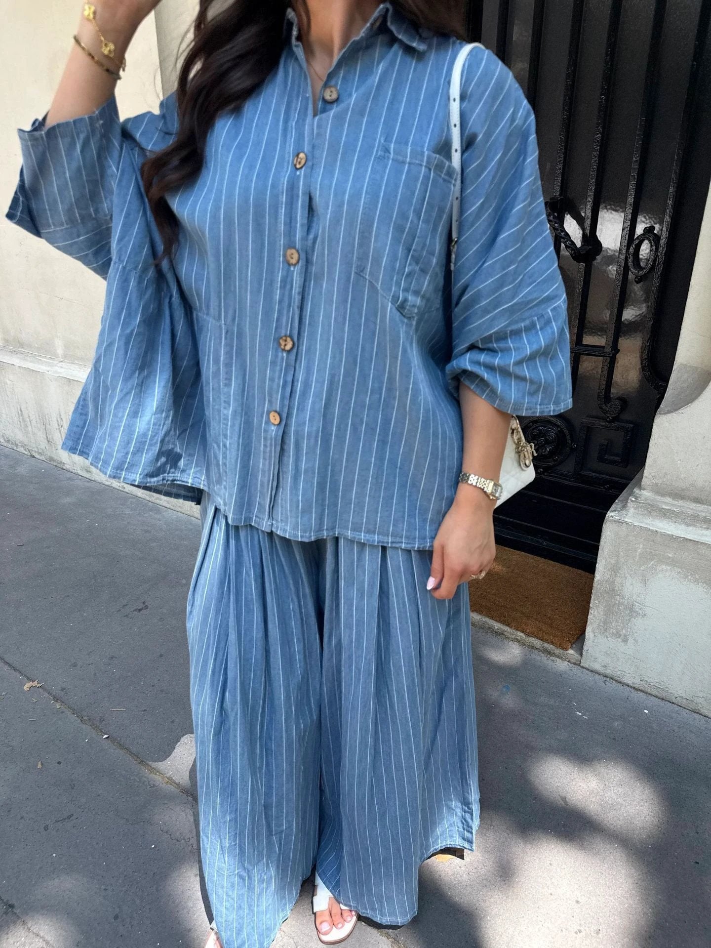 Casual Striped Shirt Wide Leg Pants Suit by GJG Denim