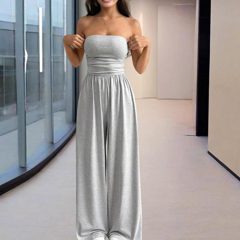Women's Solid Color Strapless Jumpsuit Wide-Leg Palazzo Pants With Pleats Summer Fashion Outfit by GJG Denim