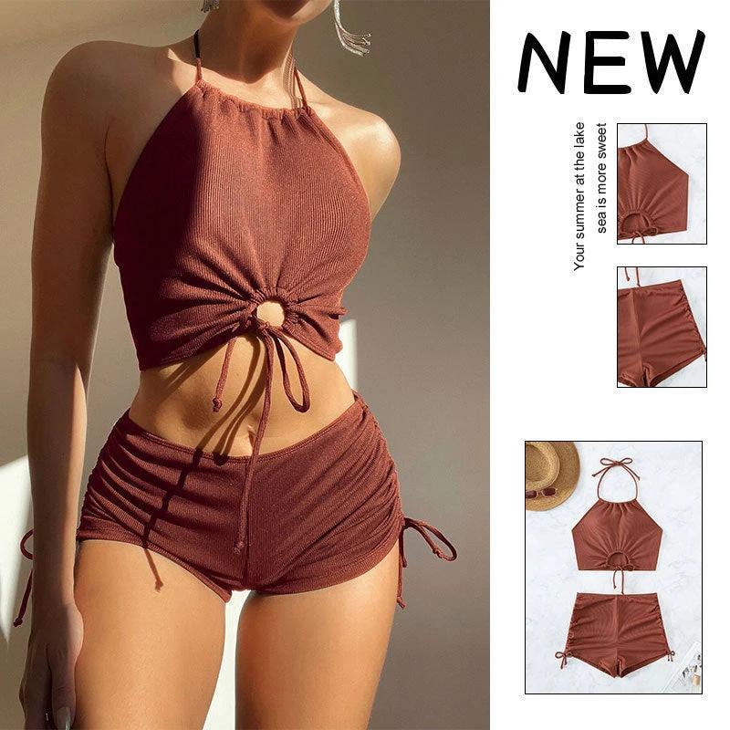 Summer Halter Neck Bikini Suit Fashion Drawstring Design Ins Style Swimsuit For Womens Clothing by GJG Denim