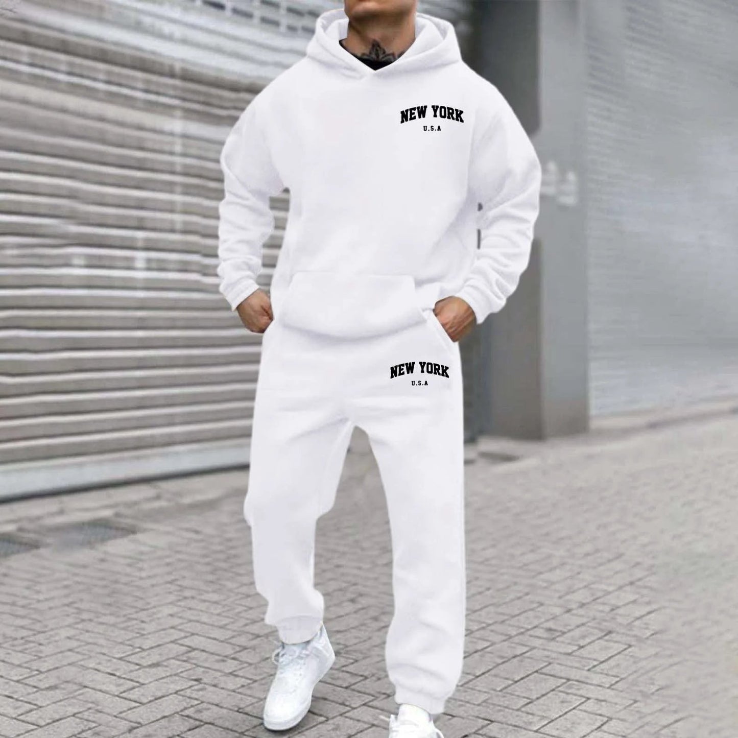 Men's Fleece-Lined Printed Hoodie And Pants Set by GJG Denim