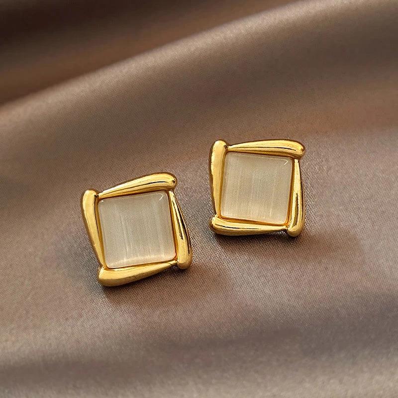 Cat's Eye Flower Earrings High Sense Opal Square Triangle Geometry Earrings by GJG Denim