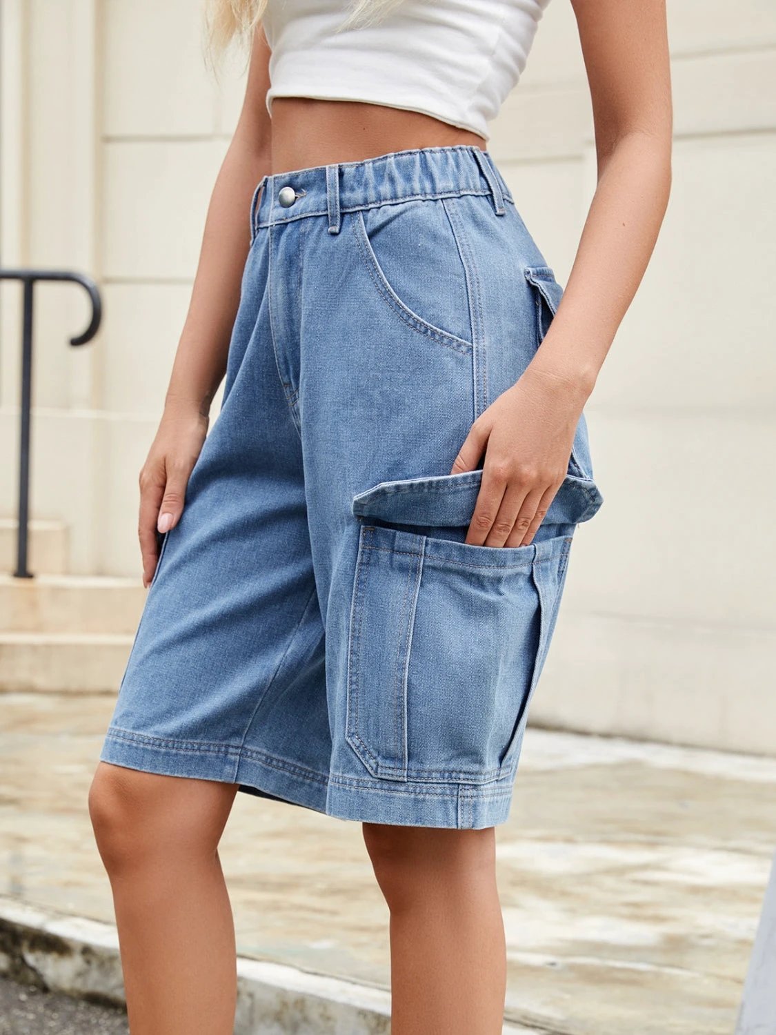 High Waist Denim Shorts with Pockets by Lady Ros