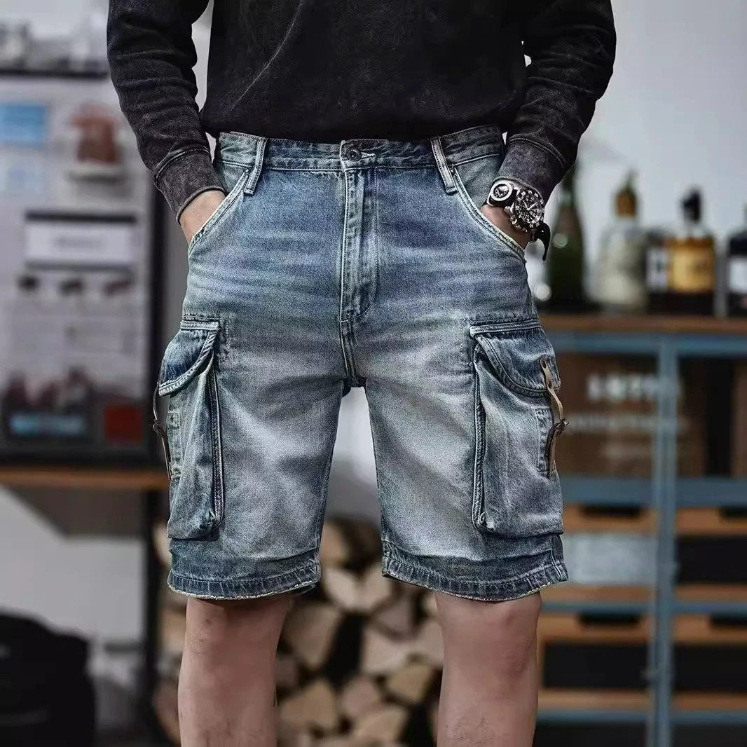 Men's Blue Denim Cargo Shorts by GJG Denim