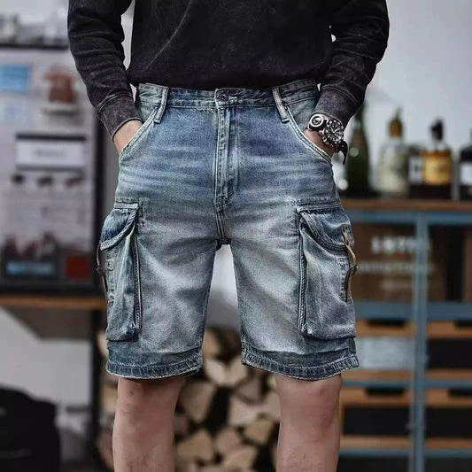 Men's Blue Denim Cargo Shorts by GJG Denim