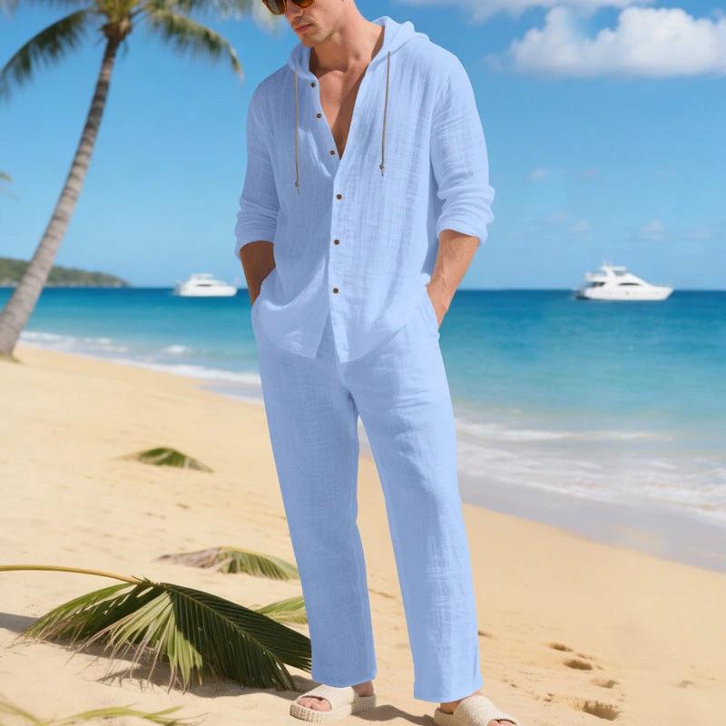 Loose, Breathable Linen Casual Hooded Long-sleeve Shirt And Pants Set by GJG Denim