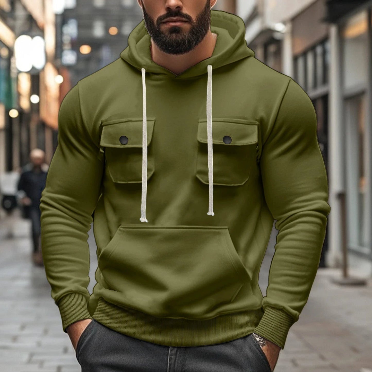 Men's Multi-pocket Long Sleeve Solid Color Hoodies by GJG Denim