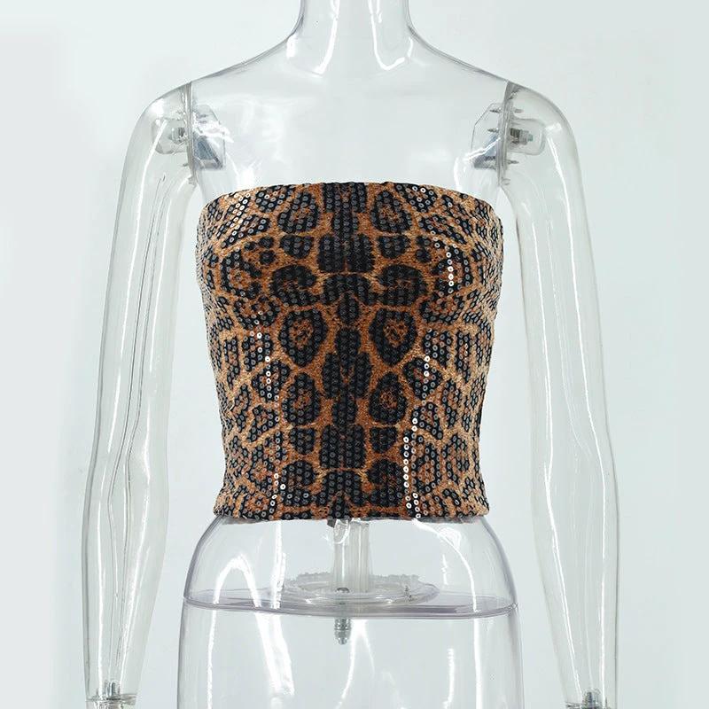Women's Leopard Print Sequined Bandeau Slim-fit Inner Vest by GJG Denim