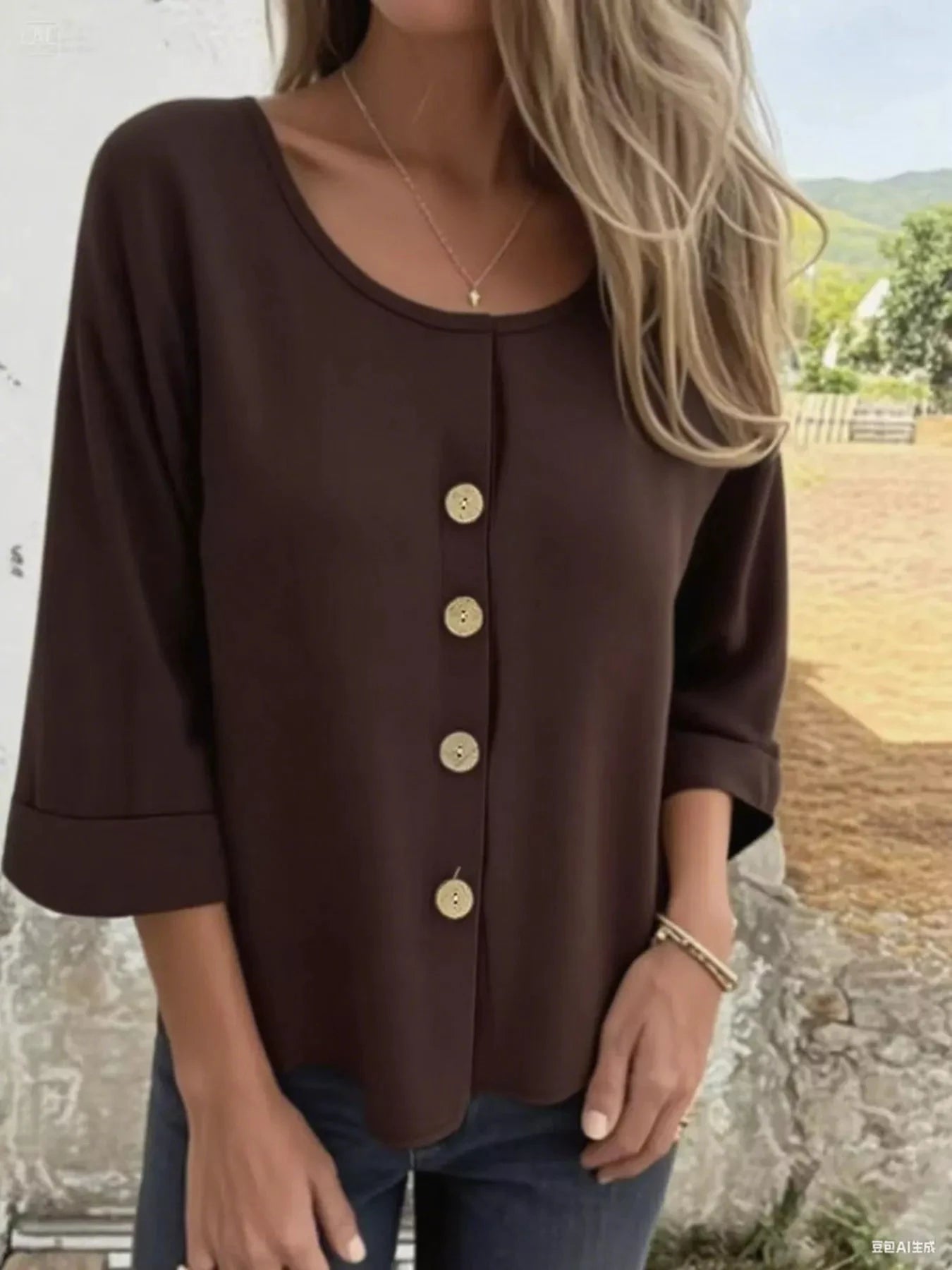 Full Size Button-Front 3/4 Sleeve Casual Blouse Plus Size by Lady Ros