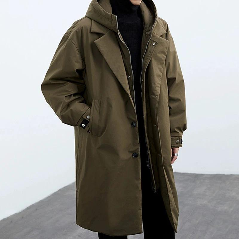 Men's Hooded Mid-length Trench Coat by GJG Denim