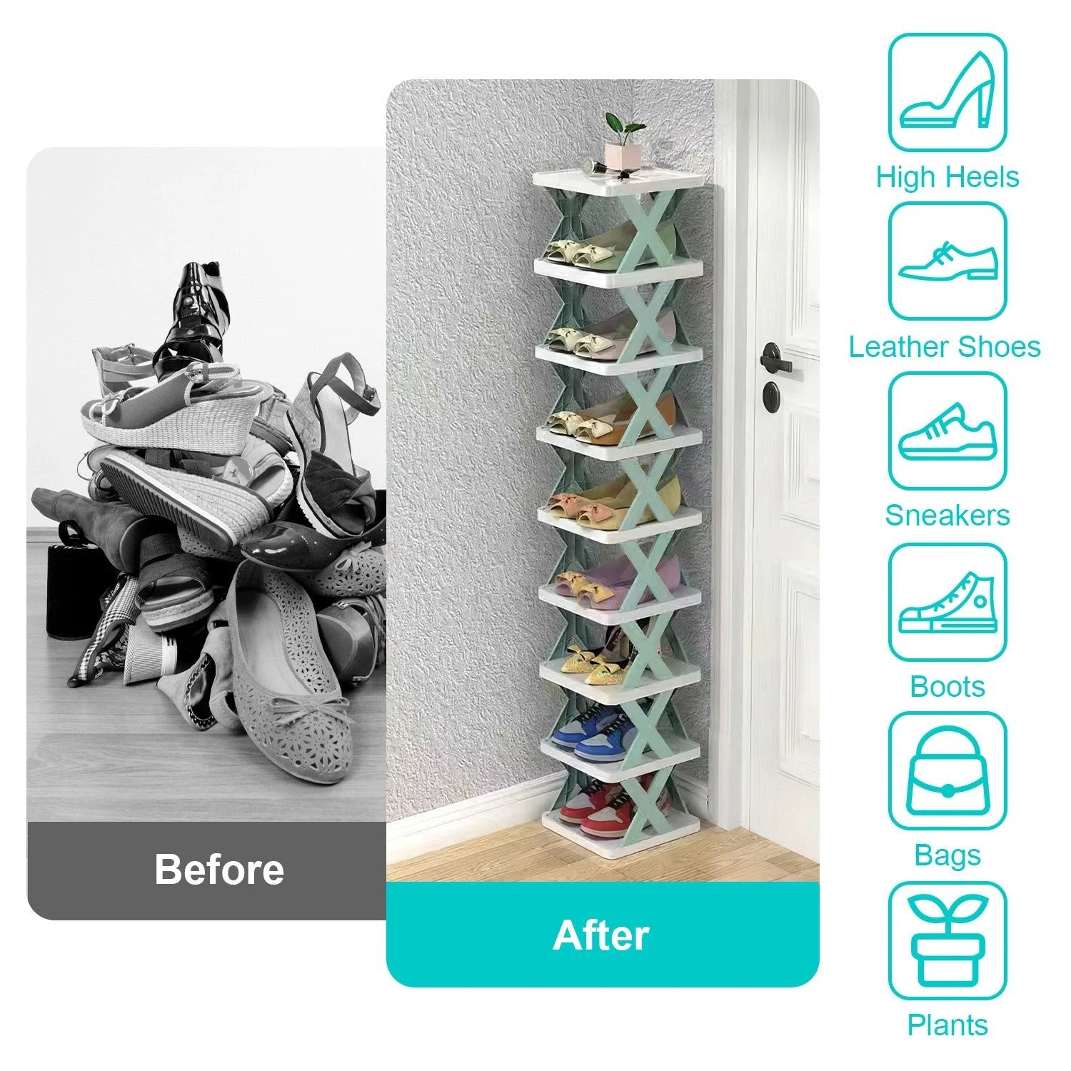1Pc 9Tier Narrow Entryway Shoe Rack Plastic Vertical Shoe Organizer Space Saving Free Standing by GJG Denim