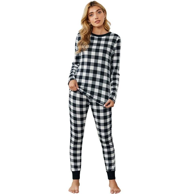 Christmas Long-sleeved Trousers Loungewear Suit Plaid Contrast Color Home Pajamas For Women by GJG Denim