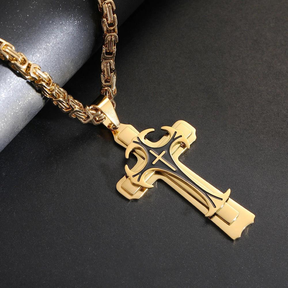 Christian Trinity Latin Cross Necklace For Men Stainless Steel Three Layers by GJG Denim