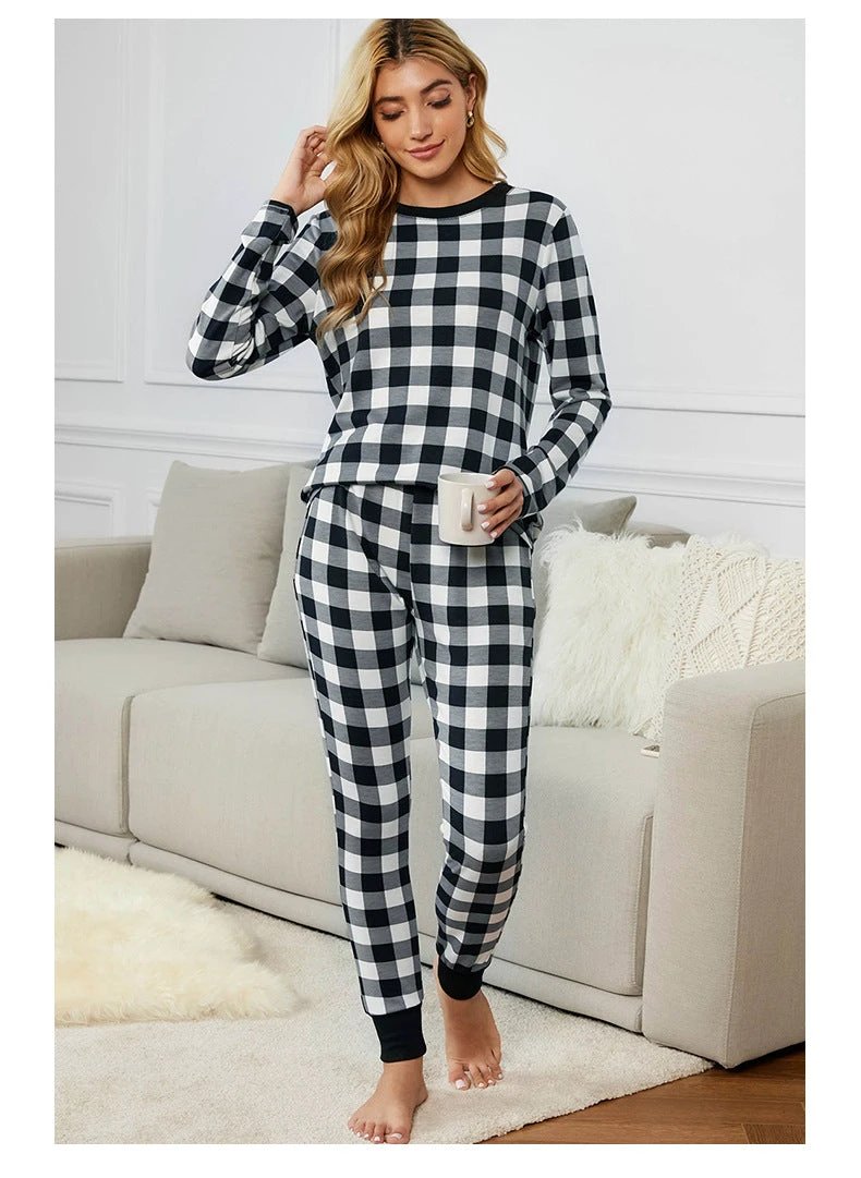 Christmas Long-sleeved Trousers Loungewear Suit Plaid Contrast Color Home Pajamas For Women by GJG Denim
