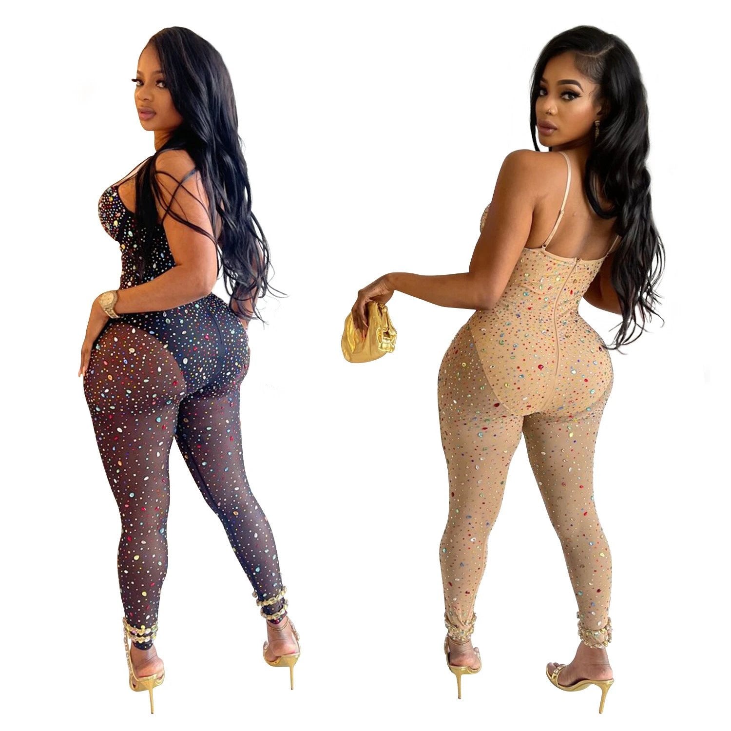 Women's Pure Color Mesh Rhinestone Pants Jumpsuit by GJG Denim