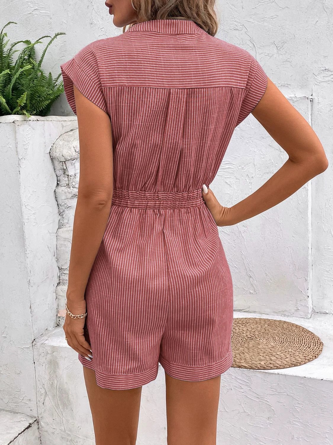 Striped Notched Tie Waist Romper by Lady Ros