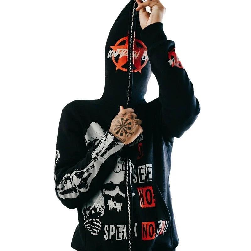 Zipper Letter Character Printed Sweater by GJG Denim