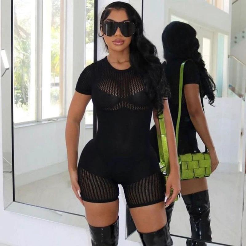 Women's Zipper Hollow-out Tight Hip Lifting Knitted Short Romper by GJG Denim
