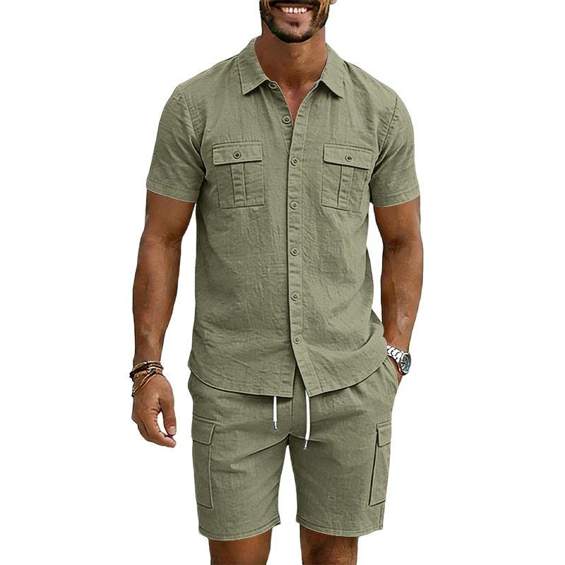 Men's Lapel Shirt And Multi-Pocket Shorts Set by GJG Denim