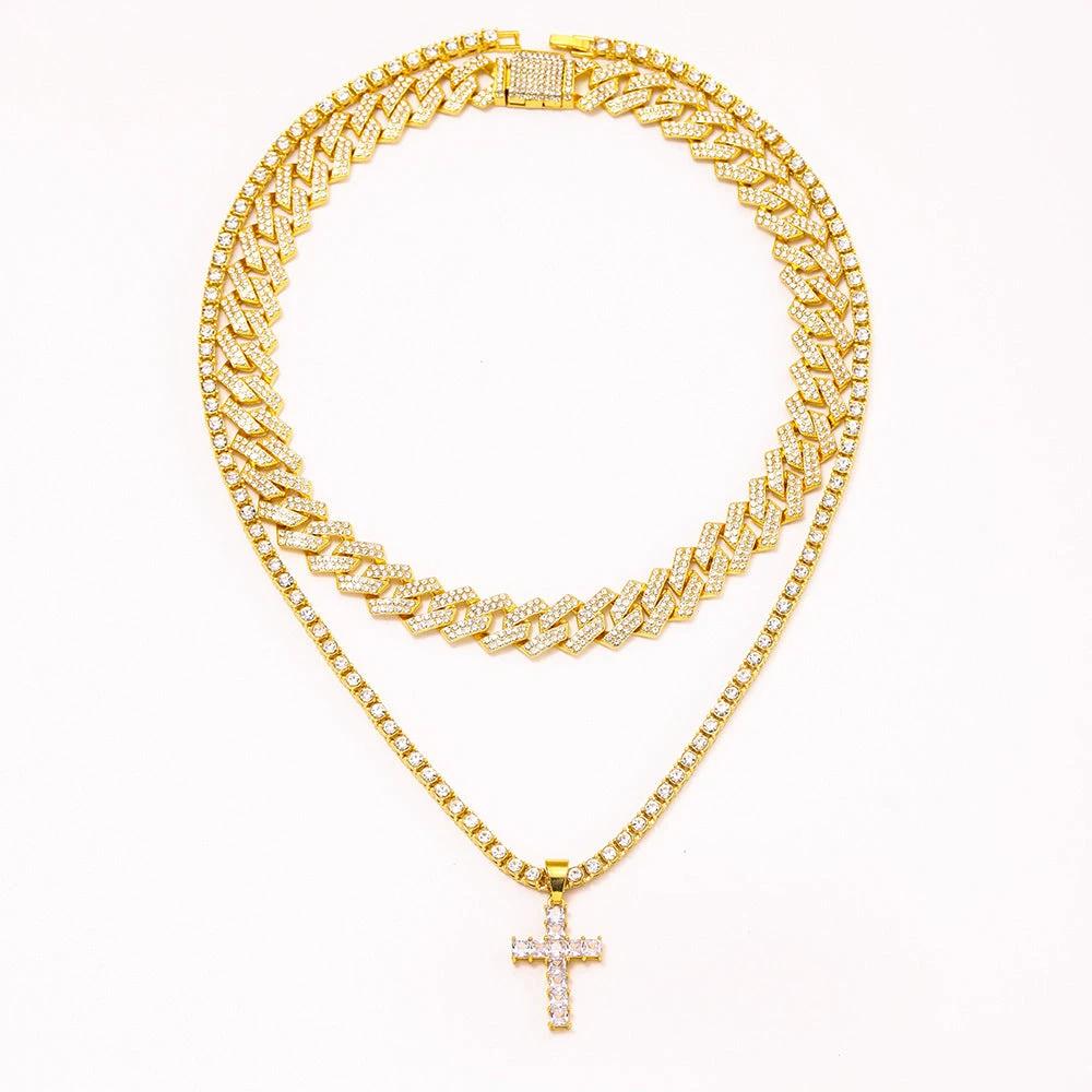 Men's Zircon Cross Pendant Cuban Chain Iced Out Paved Rhinestones Bling Necklaces by GJG Denim