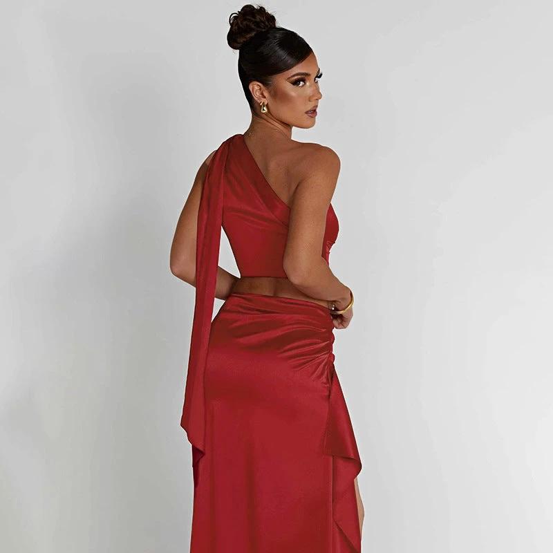 One-shoulder Satin Short Top High Waist Split Maxi Skirt by GJG Denim