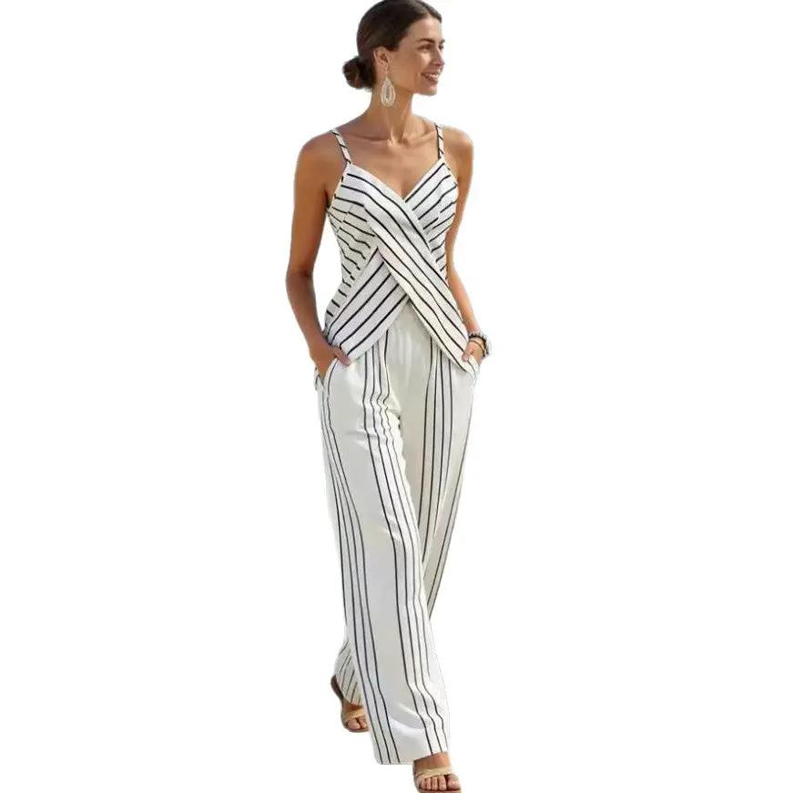 Striped Casual Womens V-Neck Sleeveless Set by GJG Denim