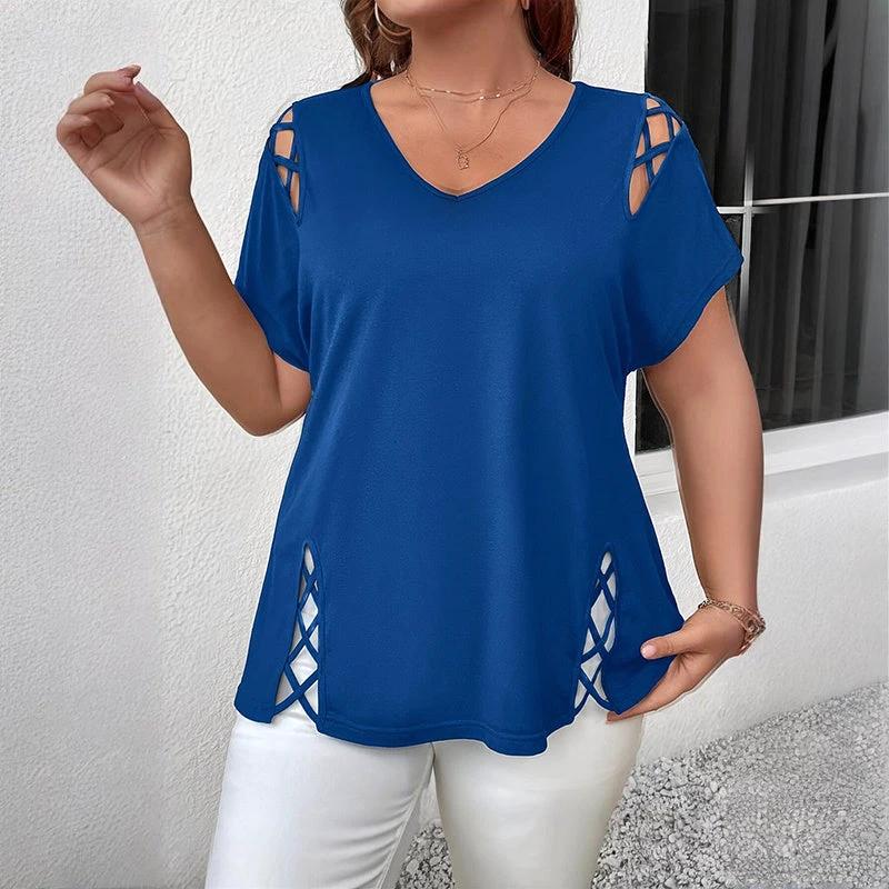 Women's Plus Size Criss Cross Short Sleeve V Neck T-Shirt Tops by GJG Denim