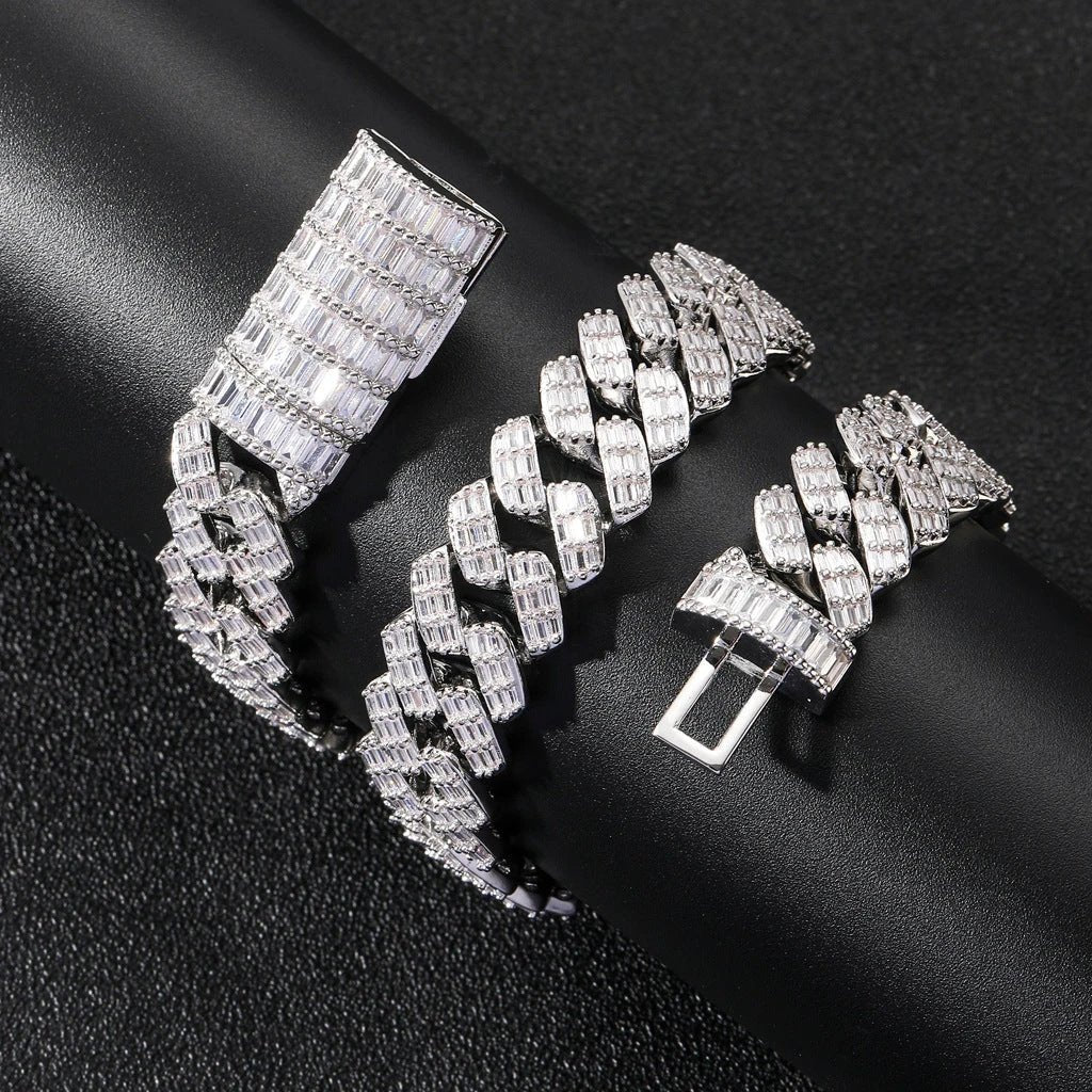 Men's Wide Cubic Zircon Rhombus Cuban Chain Flap Buckle (16 inch, 18 inch, 20 inch, 22 inch, 24 inch) Bracelet (7 inch, 8 inch) by GJG Denim