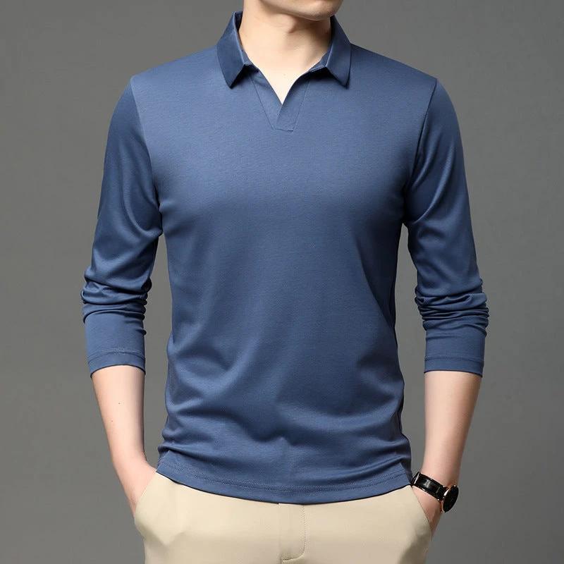 Men's Solid Color Casual Cotton Lapel Long Sleeve Shirt by GJG Denim